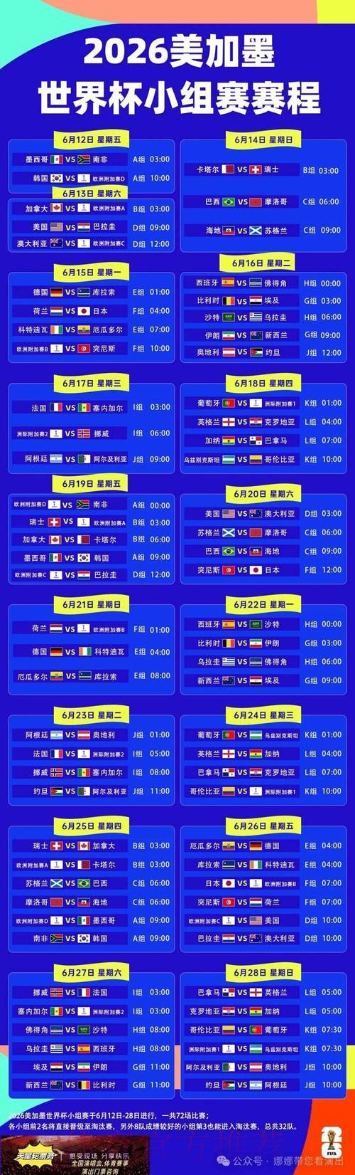 2026世界杯小组赛赛程今日比赛时间表官网入口